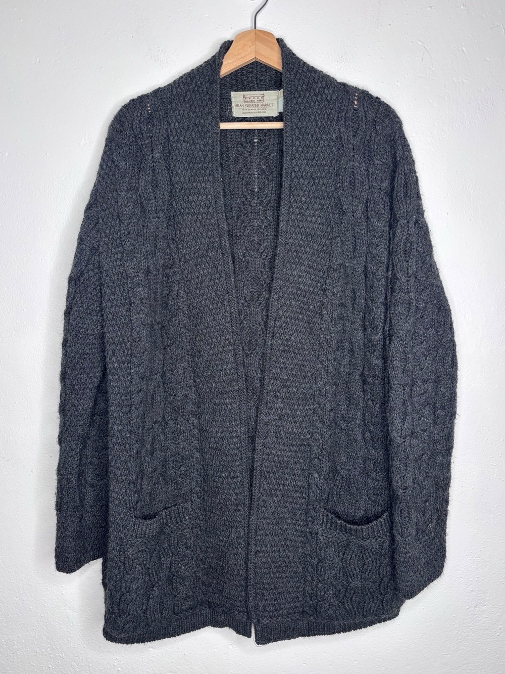 Aran Sweater Market Irish Merino Wool Open Front Cardigan Sweater Gray Size XL